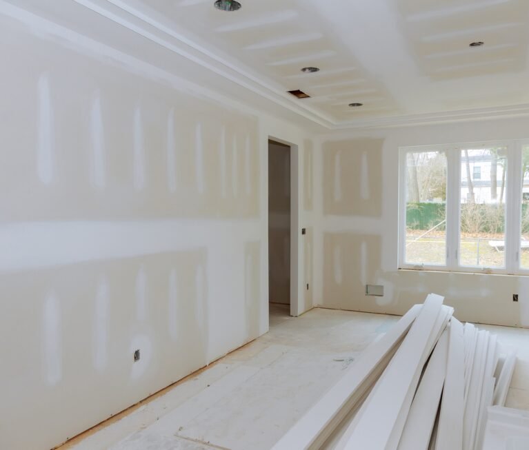 Construction building industry new home construction interior drywall and finish details Light white room and window