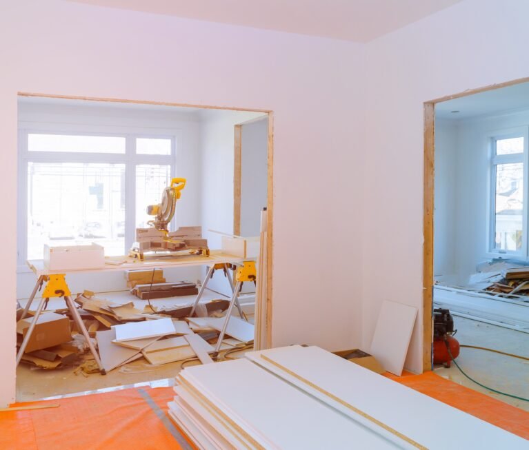 Interior construction of housing project with door and molding installed construction materials