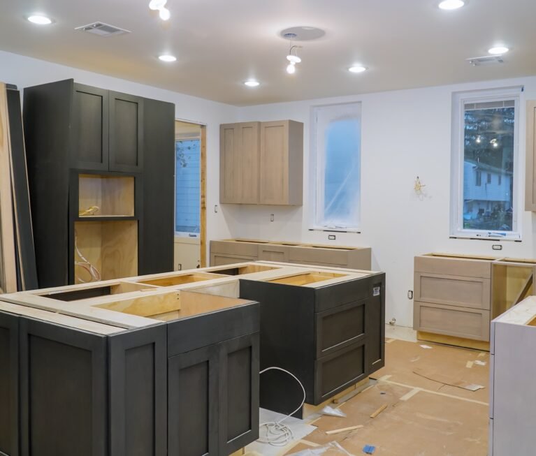 Kitchen cabinets installation Blind corner cabinet, island drawers and counter cabinets installed