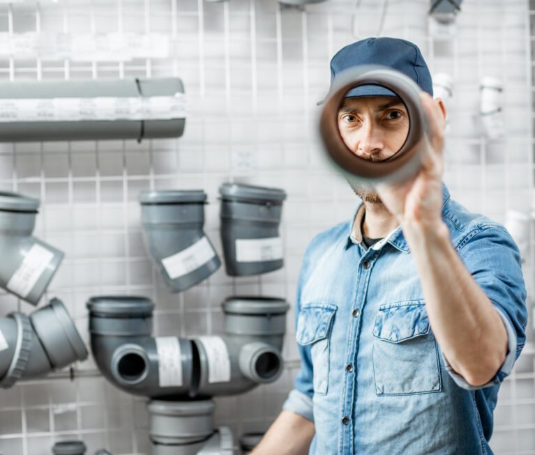 Funny portrait of a handsome workman choosing sewer pipes standing near the showcase of the plumbing shop